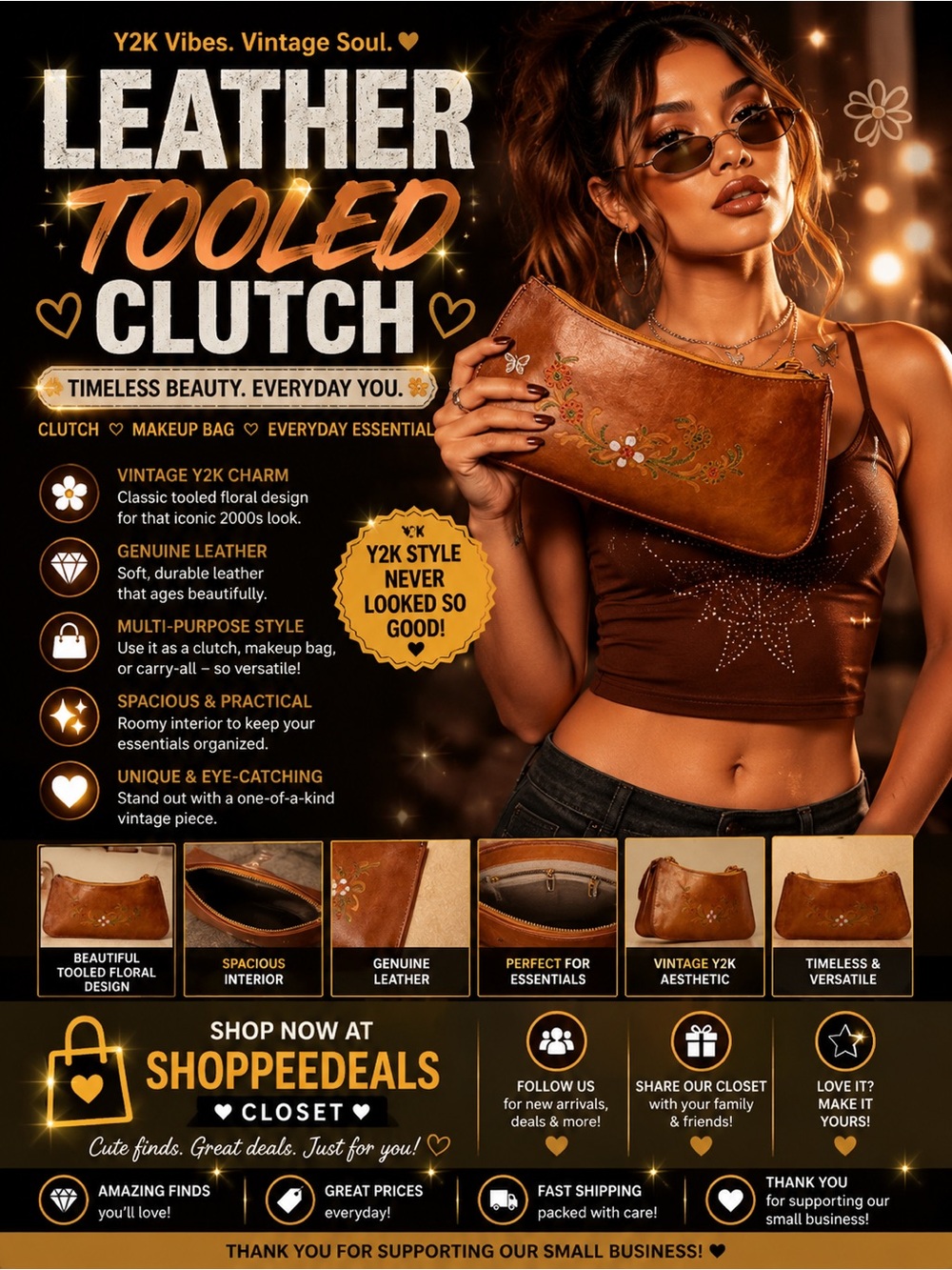 Leather Tooled Clutch/Makeup Bag
